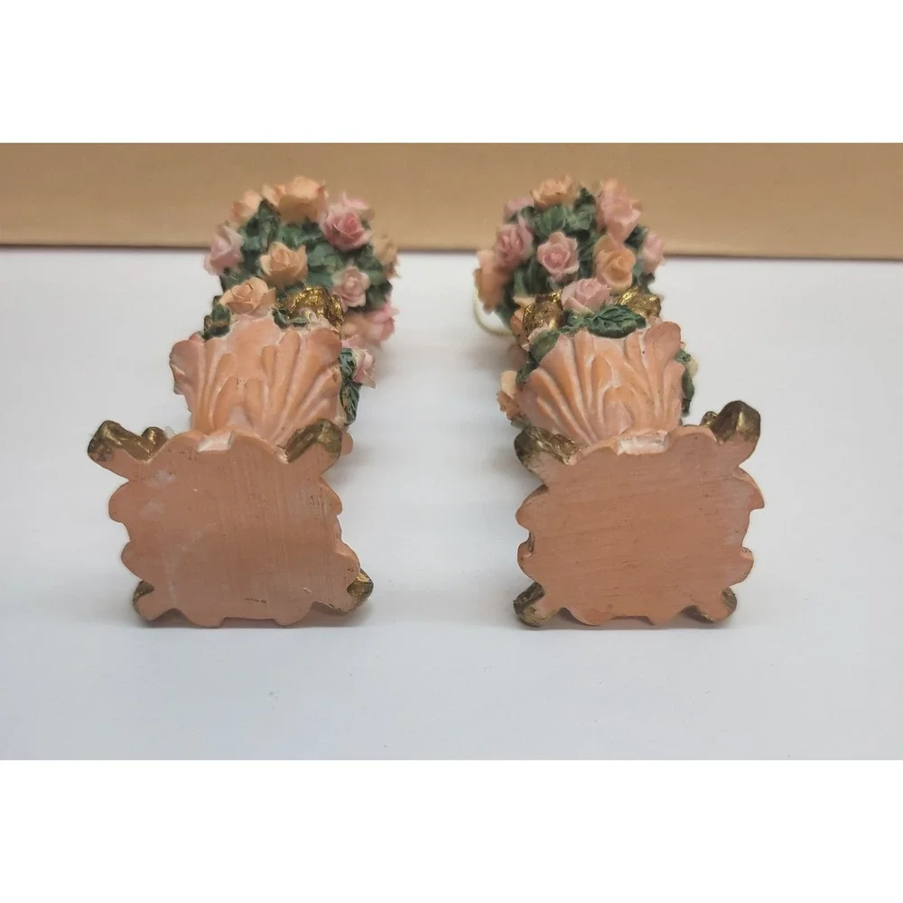 2Pc. Vtg Silvestri Rose/Cherub Topiary Ornaments Pink Peach Floral Resin 4.25